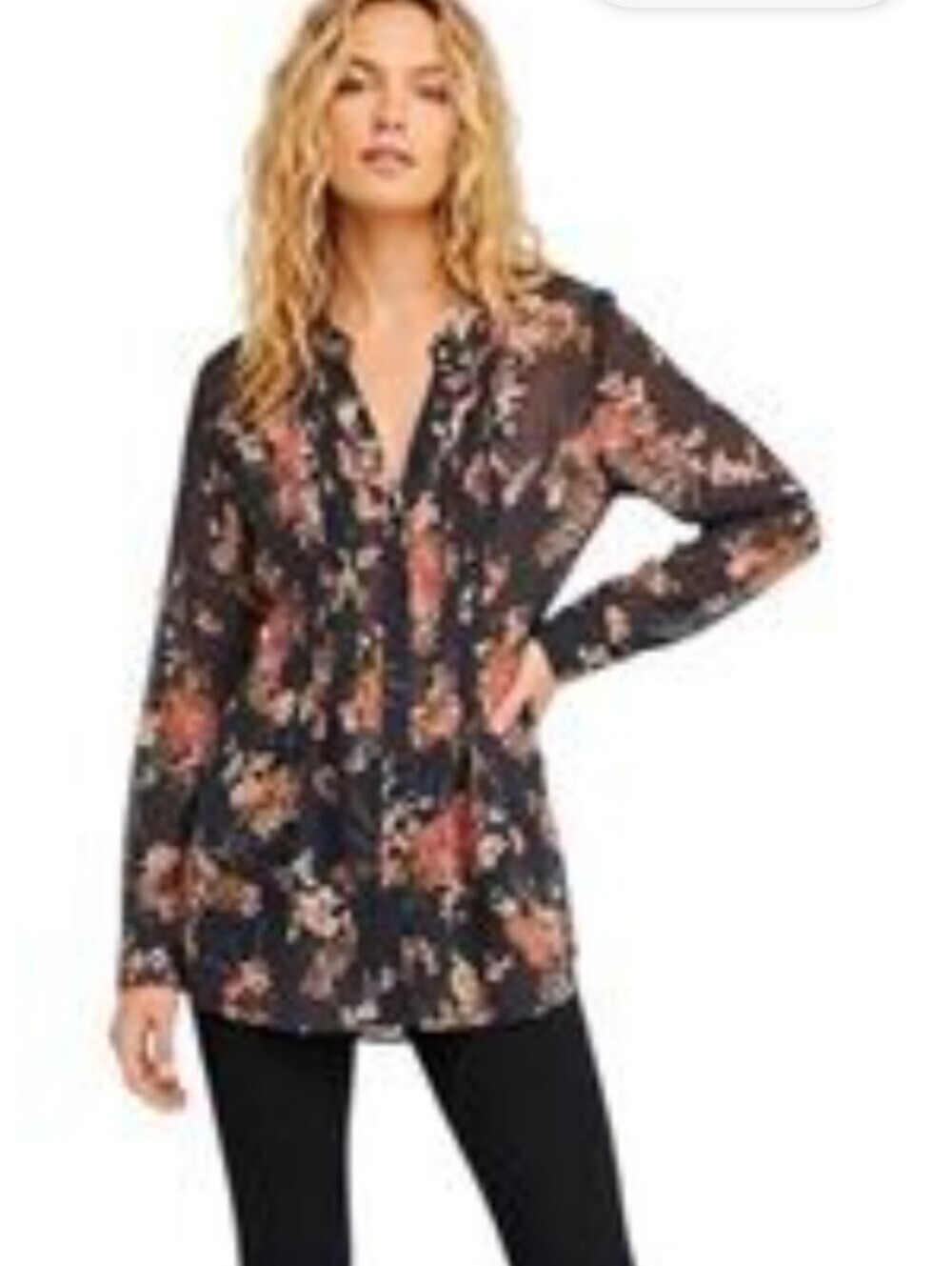 ** Style&Co. Black Sheer Floral V-Neck Blouse with Coral and Cream Accents XL